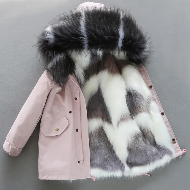 Pink Grey White Пальто с искусственным мехом для девочек плотная теплая зимняя детская верхняя одежда с капюшоном, пальто пушистая куртка с искусственным лисьим мехом и рукавами для девочек, TZ469 - Цвет: Pink Grey White