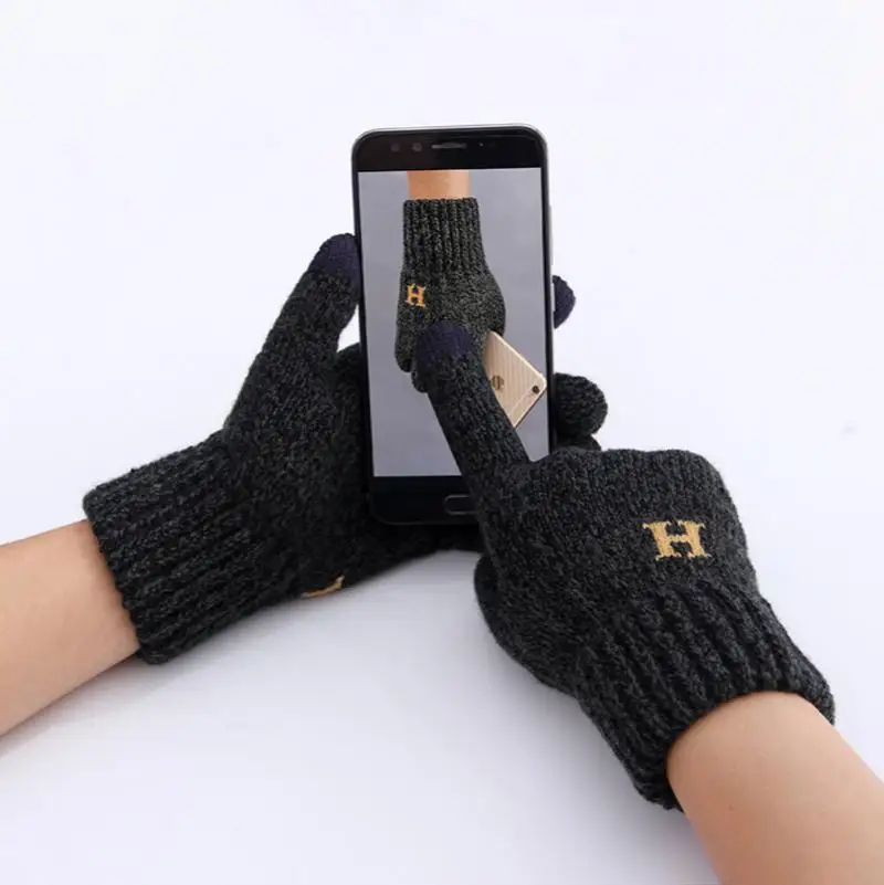 Gloves Winter Touch Screen Thickened Warm Wool Knitted Woolen Gloves Fashion Mobile Phone Games Learning Riding Men's Gloves winter warm thickened knitted gloves solid color cute thickened full finger gloves windproof riding touch screen gloves