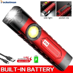 Mini lampe de poche led Portable, 5modes, lumière forte, rechargeable, longue portée, petite torche, lanterne avec lumière latérale, porte stylo 