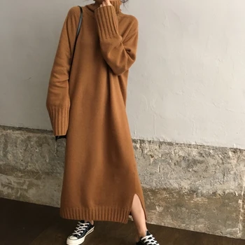 

Autumn Winter Turtleneck Pullover Sweater Long Knitted Dress Women Full Sleeve Vestido Korean Style Fashion Loose Robe Femme