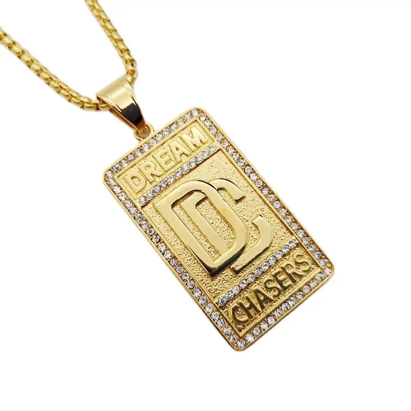 

2023 new Hip Hop rock stainless steel rhinestones Dream Chaser pendant necklace mens fashion Gold color DC necklace jewelry