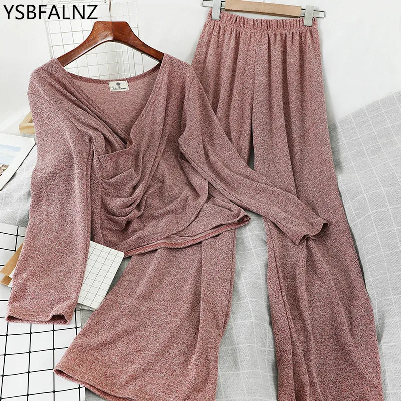 

Spring Women Casual Long Sleeve Loose T-shirt Top+ High Waist Wide-legged Trousers Knitted Two Piece Set New Female Korean Solid