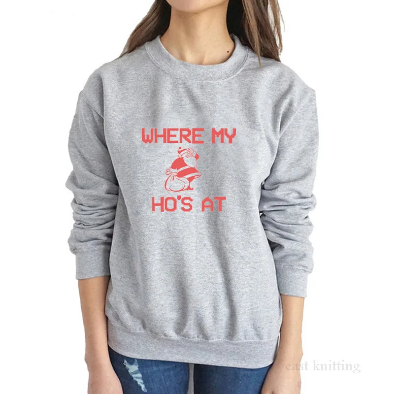 Where My Hos At Funny Red Letter Рождественский подарок Модный Графический хлопковый женский свитер Kawaii Женский пуловер рубашка с длинными рукавами