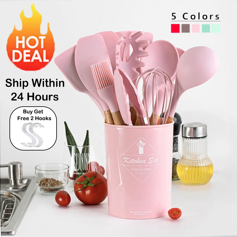9/10/12PCS Silicone Cooking Utensils Set Non stick Spatula Shovel Wooden Handle Cooking Tools Set With Storage Box Kitchen Tools|Cooking Tool Sets| - AliExpress