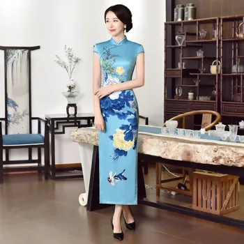 

Long Style Woman Floral Chinese Traditional Costumes Qipao Cheongsam Split Dress Sleeveless Oriental Bodycon Satin Dress