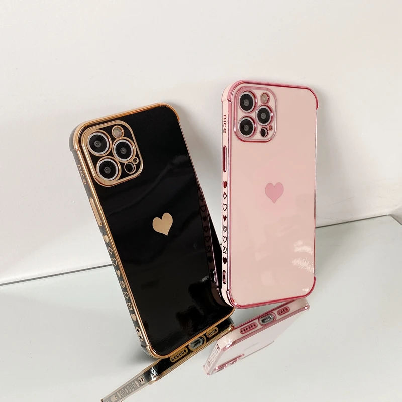 Soft electroplated love heart phone case for iphone 11 12 pro max xs x xr 7 8 plus mini se 2020 shockproof bumper back cover