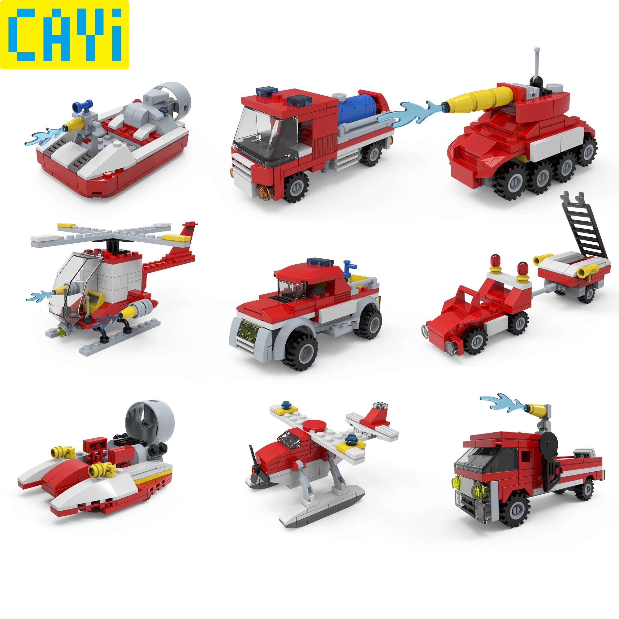 Skup CAYI 639 sztuk połączone zestawy deformacji LegOINGs City Fire Fighting samochodów łódź helikopter samolot klocki prezenty edukacyjne