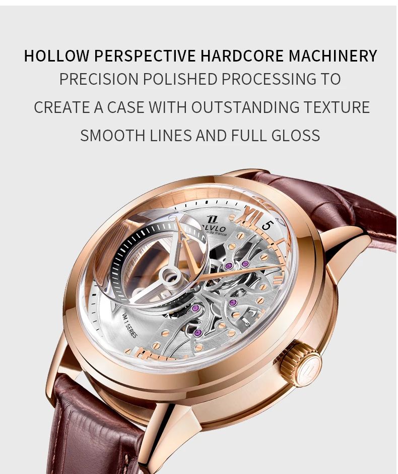 OBLVLO Luxury Casual Watches Rose Gold Tone Genuine Leather Strap Skeleton Automatic Top Brand Luxury Relogio Masculin VM