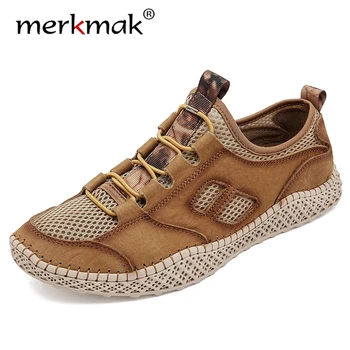 

Merkmak Men's Genuine Cow Leather Business Casual Shoes Man Outdoor Breathable Sneakers Male Fashion Walking Footwear Big Size