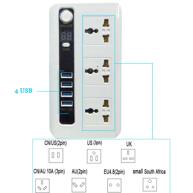 Плата питания розетка с таймером Вилка европейского стандарта 3AC Soquete multifuncional universal Porta de carregamento 4USB Cabo de extensão 2M Tomada elétrica