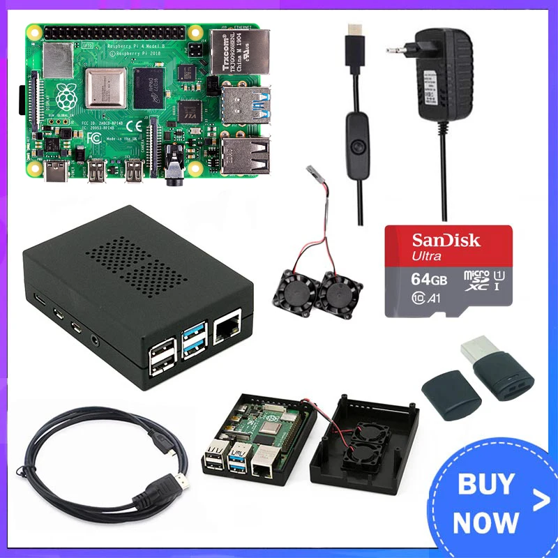 Original  Raspberry Pi 4 Model B Kit + ABS Case + Dual Fan + Switch Power Adapter Optional 64 32 GB SD Card & Reader for RPI 4B