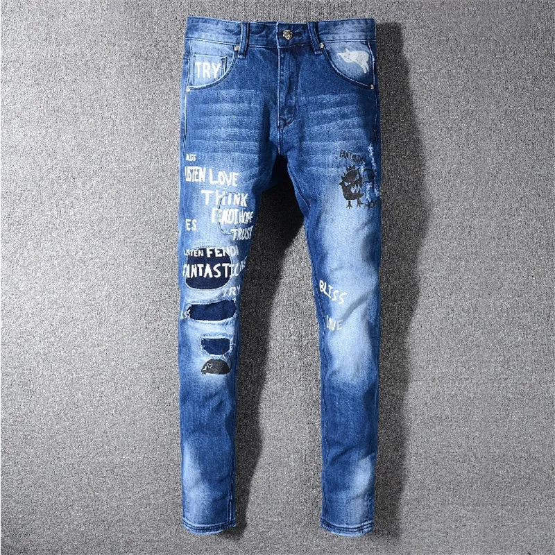 

2019 New Arrival Top Quality Brand Designer Men Denim Jeans Embroidery Pants Fashion Holes Trousers Italy styles size 28-40
