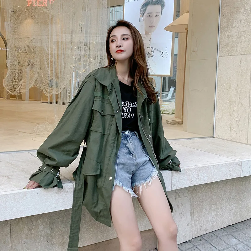 

Photo Shoot 2019 Autumn New Style Korean-style Loose-Fit Army Green Casual Versatile Mid-length Workwear Trench Coat Women's Fas