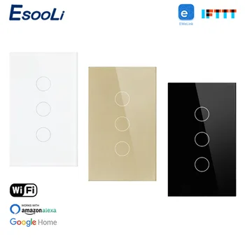 

EsooLi US Standard WIFI 3 Gang 1 Way Touch Wall Switch Crystal Glass Panel Ewelink Smart Home Light Switch Null and Fire Line