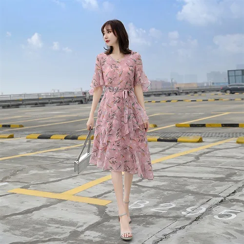 

2019 Summer New Style Fashion Popular WOMEN'S Dress Very Fairy of Summer Floral-Print Chiffon Dress Elegant Slimming Skirt