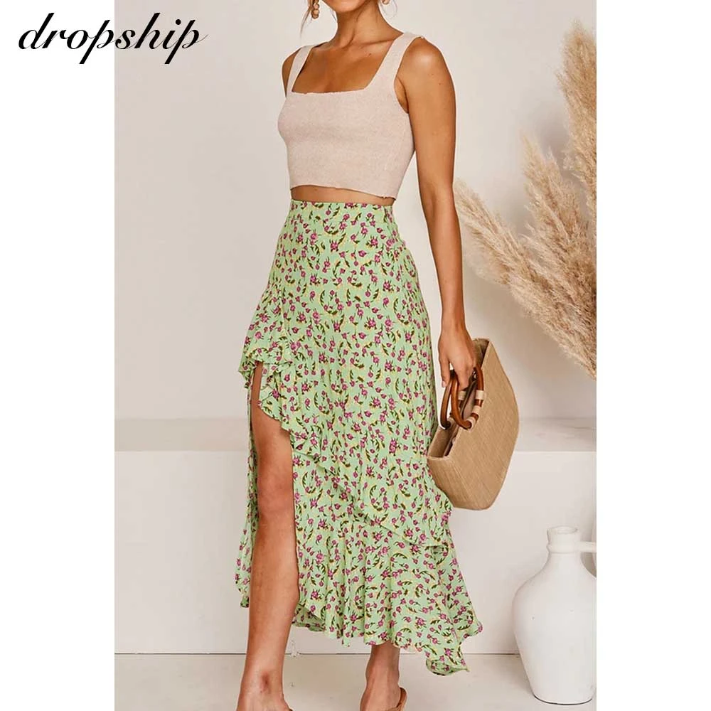

Dropship Beach Summer skirts For Women Party Midi Boho skirts Floral Print Summer skirt 2020 Sundress Casual Clothes