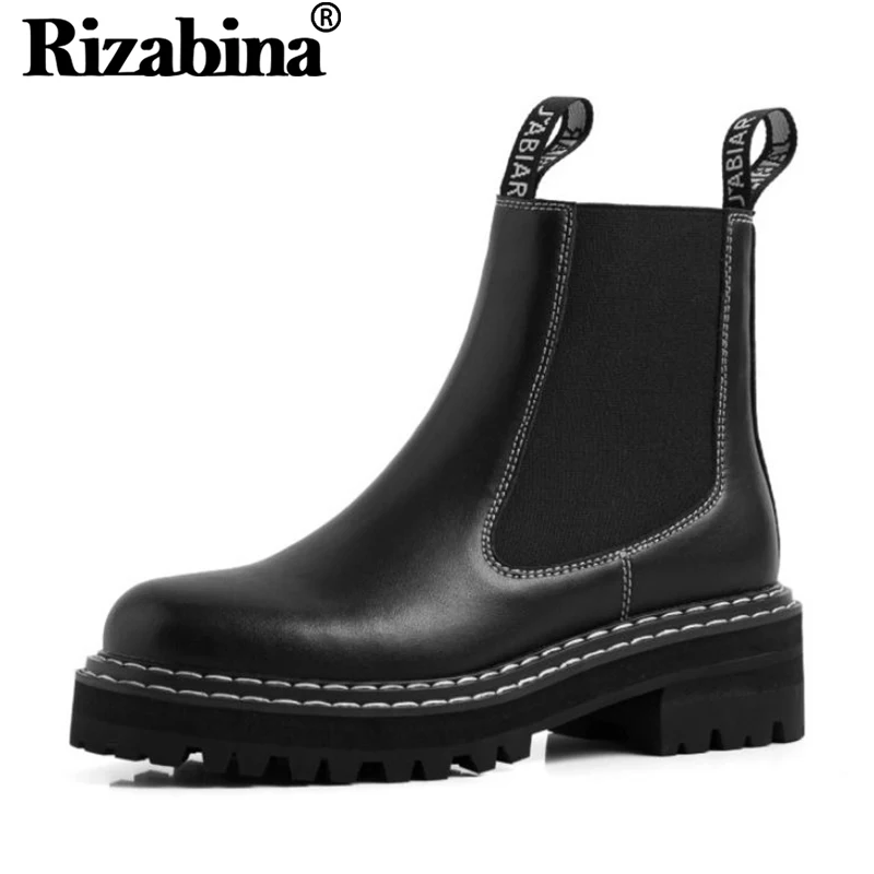 

RIZABINA Warm Women Ankle Boots Real Leather Round Toe Shoes Women Heels Platform Fashion Solid Color Stretch Boots Size 35-39