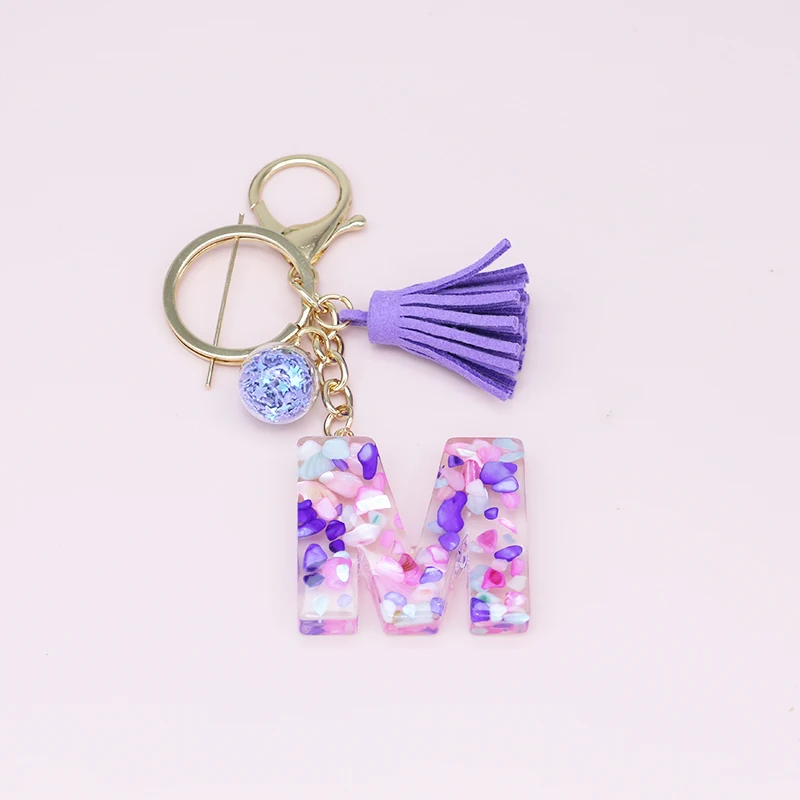 Cute Creative Letter Alphabet Crystal Arylic Liquid Keychain Women Key Chains Ring Car Bag Tassels Pendent Charm Gift Accessory