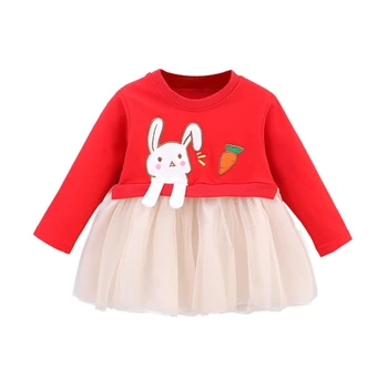 

Autumn Baby Girls Clothes Casual Baby Girls Dress Long Sleeve Cartoon Rabbit Print Mesh Dress Kids Pageant Princess Dresses