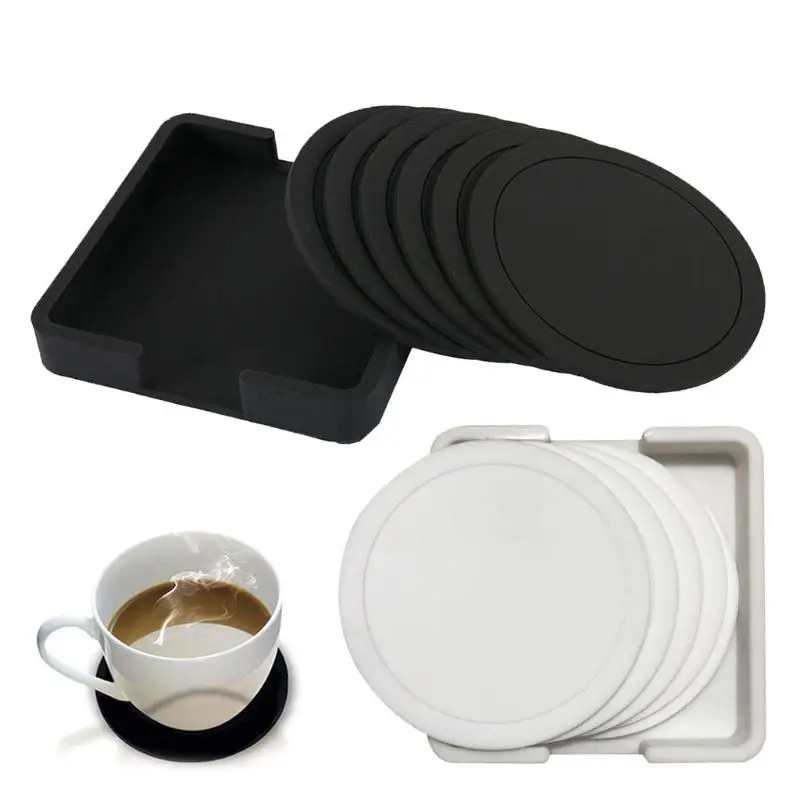 7pcs Non-slip Table Coaster Set Heat Resistant Silicone Mat Drink Glass Black Coasters Kitchen Accessories Coffee Mug Placemat | Дом и сад