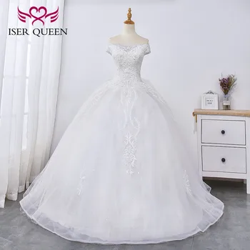 

Boat Neck Cap Sleeves Delicate Embroidery Sequined Ball Gown Wedding Dresses Lace up Princess Stylish Vestido De Novia WX0028