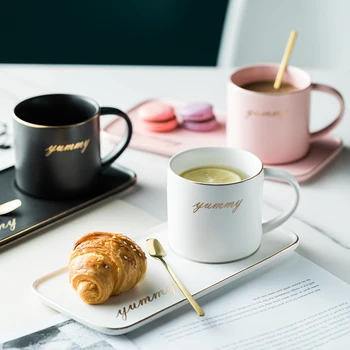 

Gold Spoon Coffee Cup Ceramic Saucer Spoon Creative Coffee Accessories Milk Cup Set Heat-Resistant Single-Layer Glass Cup