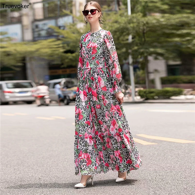 

Truevoker Designer Autum Runway Holiday Maxi Long Dresses Women's Full Sleeve Fancy Flower Leopard Printed Ankle Length Vestidoe