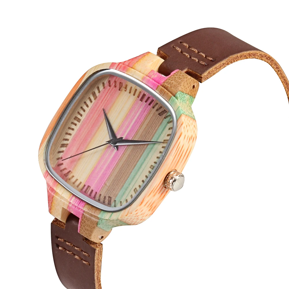 Радужные деревянные часы, роскошные Брендовые женские мужские часы, Топ деревянный ремешок, наручные часы, простые повседневные кожаные
