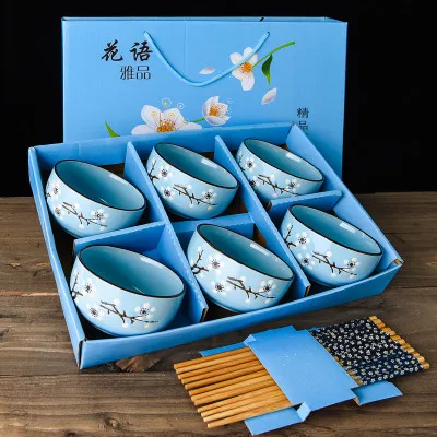 6PCS blue Китайская цветущая вишня, керамическая миска для рисового супа, набор для микроволновой печи, маленькая Классическая салатная лапша Ramen с палочками для еды, посуда - Цвет: 6PCS blue