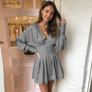 

Mnealways18 Gray Spring Pleated Dress Women Long Sleeve V-Neck Casual Shirt Dress Tunic Short Mini Dresses Elegant Vestidos 2020