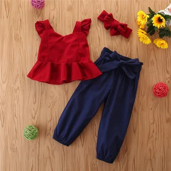 

Summer Girl Outfits Sleeveless Short Blouse Vest+Loose Pants+Headband Casual Costume Set