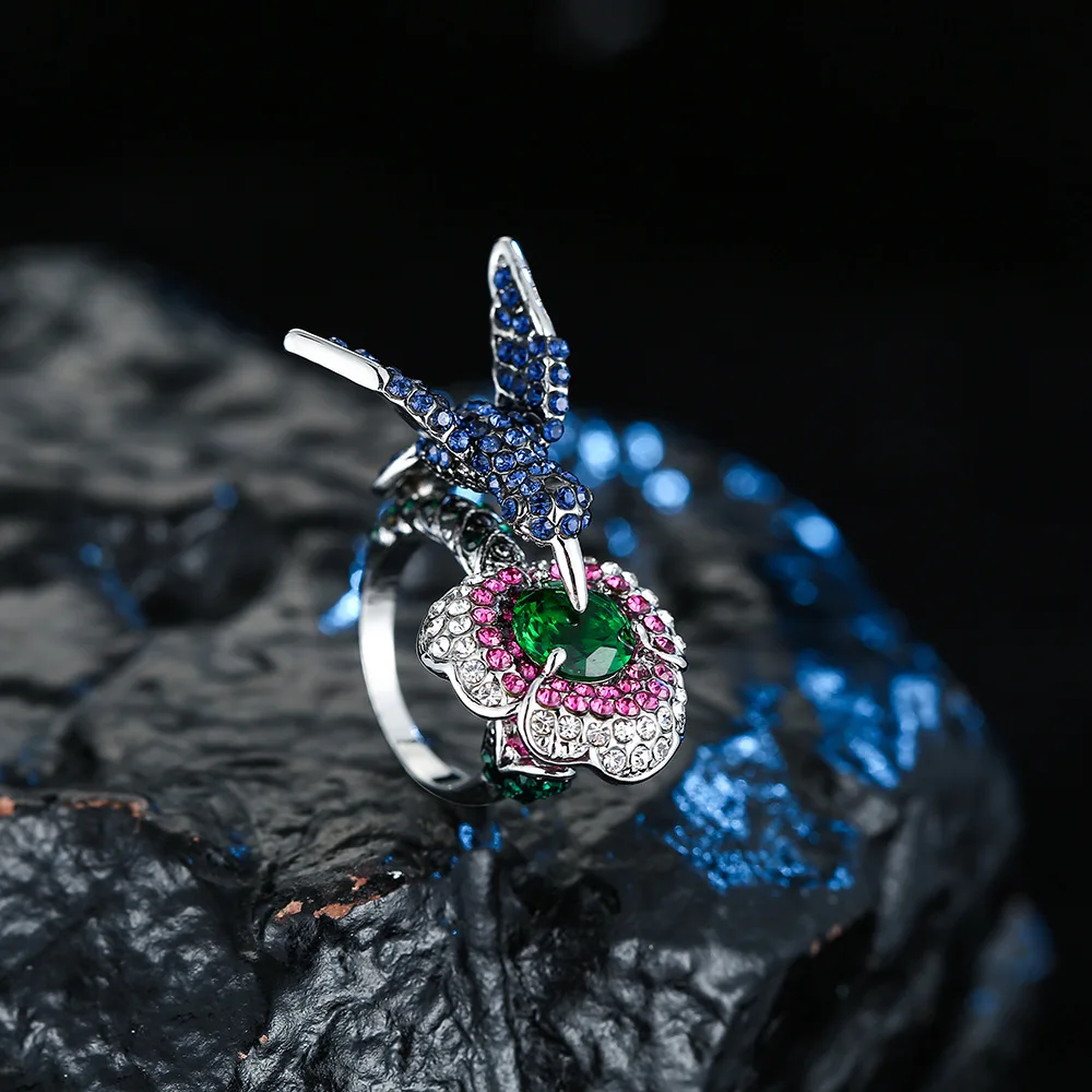 Kinel роскошное кольцо с колибри AAA микро-цвет циркон цветы птицы обручение вечерние кольца для женщин винтажные ювелирные изделия кристалл подарок