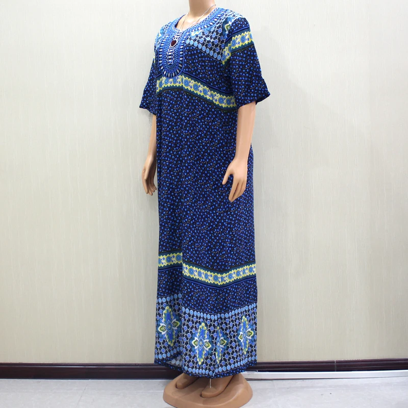Dashikiage Boho СИНИЙ Чистый хлопок Повседневные Элегантные аппликации Модные женские с коротким рукавом осеннее длинное платье
