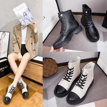 

Leather wear-resistant black tube spot round toe thick bottom British style women's shoes locomotive Martin boots