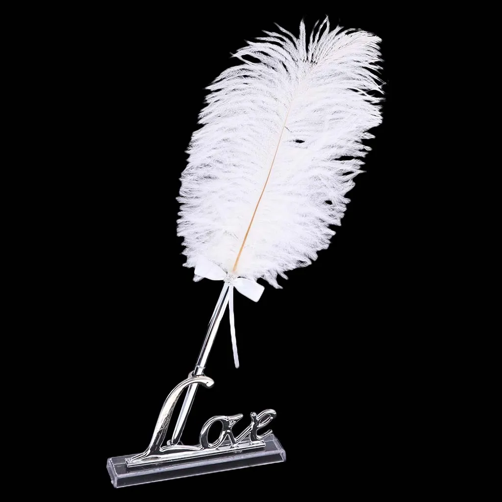

Wedding White Feather Quill Guest Book Signing Pen With Silver Love Holder