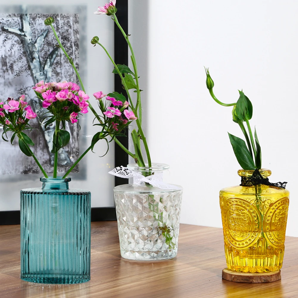 Home Decor Retro Embossed Glass Vase Flower Arrangement Nordic Vases Minimalist Vases Transparent Glass Vase Hydroponic Vase
