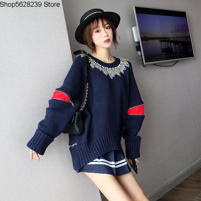 

19 Autumn Tide Brand Lazy Wind Sweater Female Black Heavy Industry Embroidery Nail Beads Round Neck Loose Bat Knitting Shirt