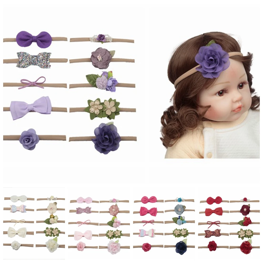 

10 PACK Boutique Newborn Green Leaf Flower Hairband Baby Girls Sequin Bow Nylon Headbands Set Kids Hair Rope