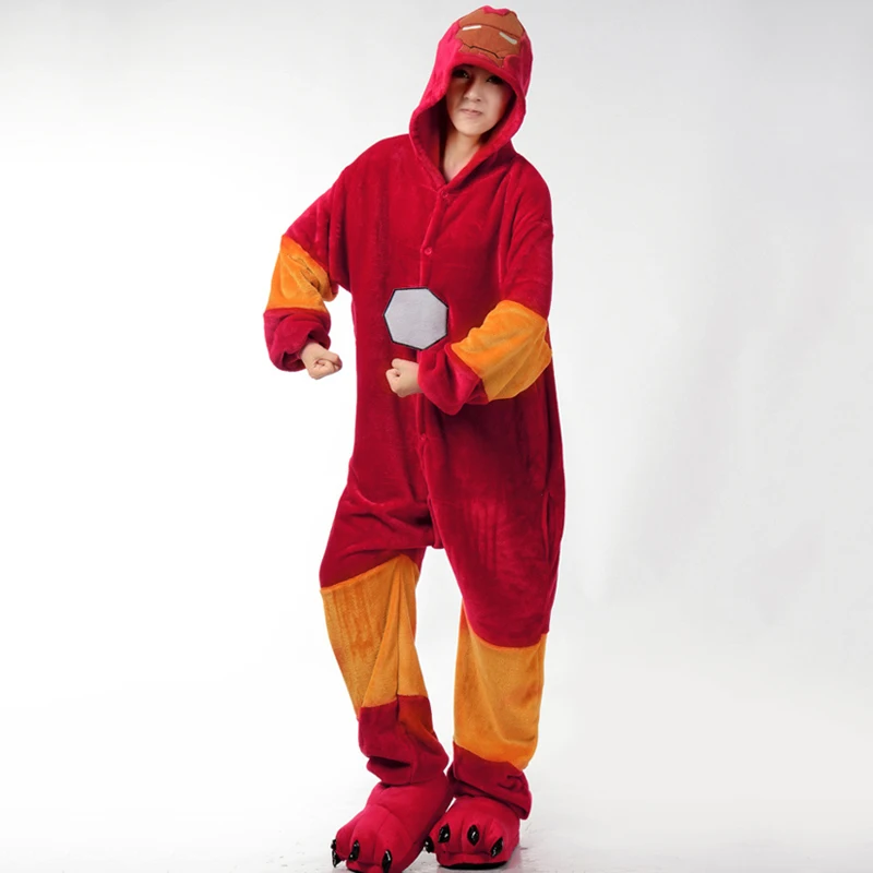 Железный человек пижамы Аниме Onesie кугуруми костюм женщины мужчины зима фланель супер герой, для взрослых Ночная Пижама комбинезон для девочки