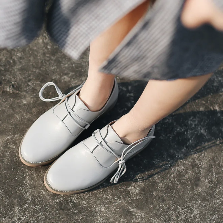 

2018 Autumn New Style Bullock Cowhide Flat Deep Mouth round Head Single Shoes England College Student Versatile WOMEN'S Shoes