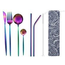 8 adet taşınabilir çatal seyahat yemek takımı seti paslanmaz çelik sofra takımı seti hasır bıçak kaşık çatal sofra seti açık piknik için(China)