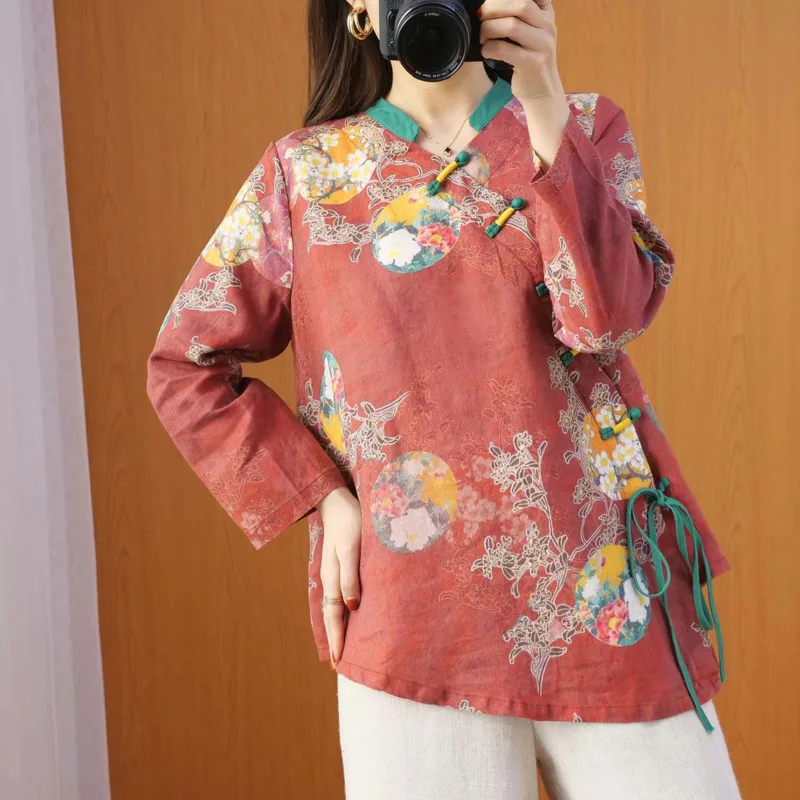 Cotton Linen Cheongsam Top Women Printing Retro Chinese Style Shirt Hanfu Zen China Traditional Tang Suit Blouses Femme Harajuku