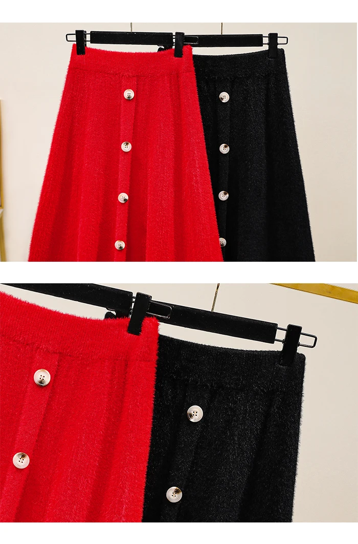 Black Red Knitted Long Plus Large Size Oversize Korean Style Fashion Autumn Women'S Clothing Vintage 2021 High Waist Skirts Skirts