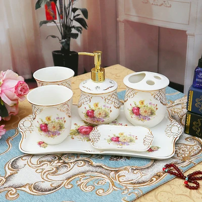 6 pieces set B Набор аксессуаров для ванной комнаты, керамический диспенсер для мыла, держатель для зубной щетки, чашка для полоскания, мыльница с подносом, свадебные подарки, набор из 5-6 предметов - Цвет: 6 pieces set B