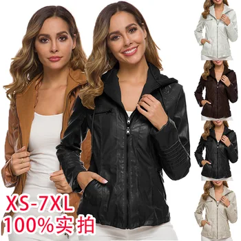 

Goatskin 2019 New Women's Leather Jacket Autumn Casual Explosion Europe and America Fashion Jacket Women's Detachable Hooded Lap