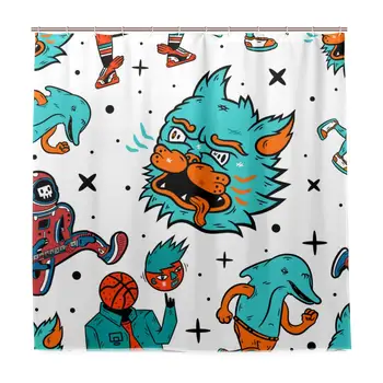 

Unique Shower Curtain Animals Cartoon Abstract Blue Eco-Friendly with 12 Hooks in Bathroom W72 xH96