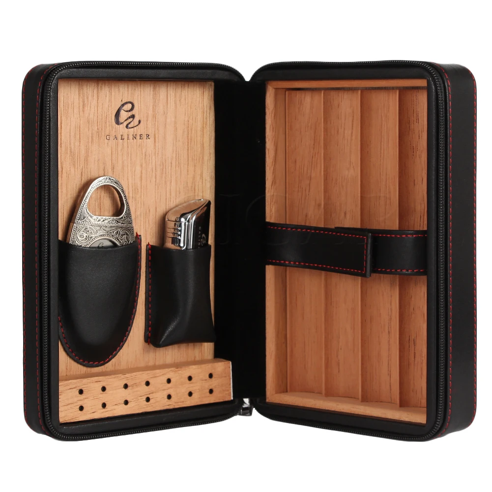 GALINER кедровая древесина кожа Humidor Зажигалка резак сигарный набор дорожный Чехол