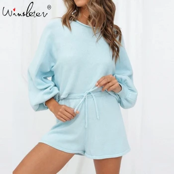 

Spring Casual Sexy Crop Sweater Outfits Two Piece Set Women Home Loose Leisure Bicycle Suit Puff Sleeve Lace Up Pants New S06503