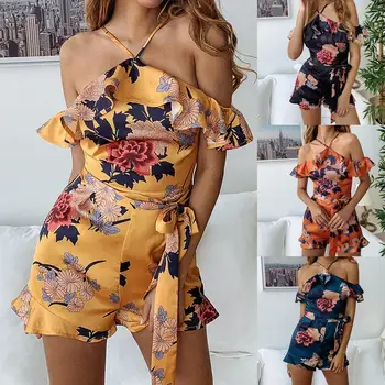 

Spring and summer 2020 sexy suspender printing suspender frill lace women's Jumpsuit fashion open back Ruffle lace up Jumpsuit