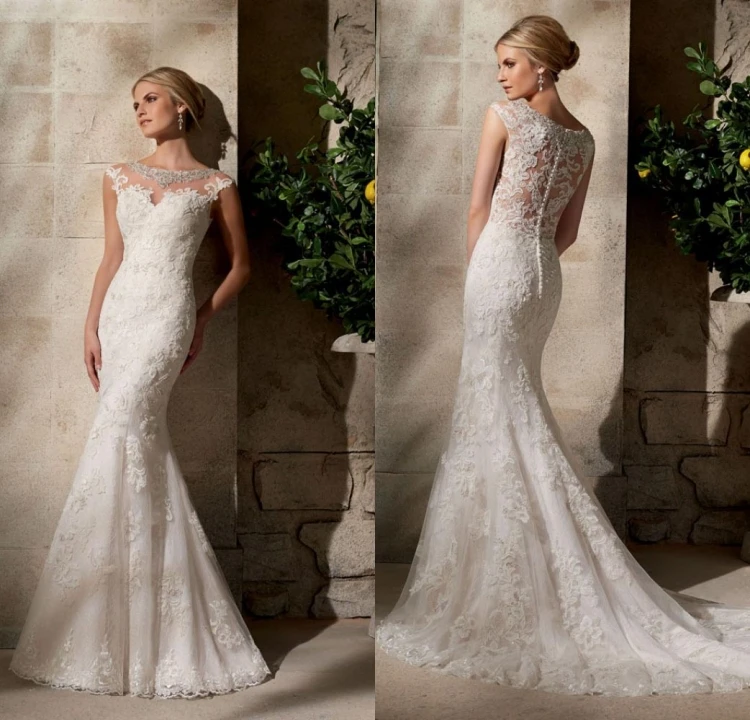

Hot Sale Sexy High Boat Neck Floor Length Sleeveless Mermaid Tulle Women Wedding Dress 2016 Bridal Gowns Chapel Train